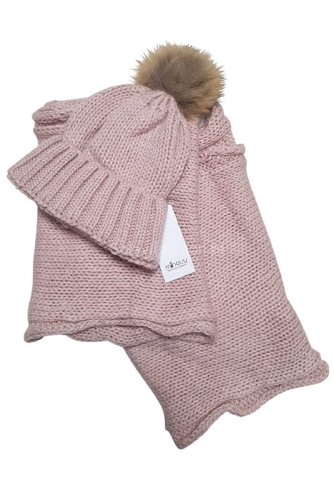 Komplet czapka z pomponem +komin pudrowy róż Minouu