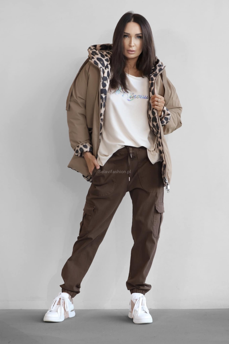 Dwustronna kurtka ocieplana panterka Minouu beżowa w Selavifashion.pl