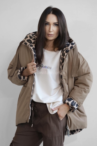 Dwustronna kurtka ocieplana panterka Minouu beżowa w Selavifashion.pl