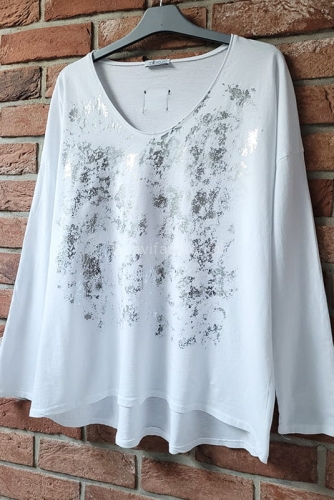 Bluzka bawełniana ze srebrzystym nadrukiem Minouu biała w Selavifashion.pl