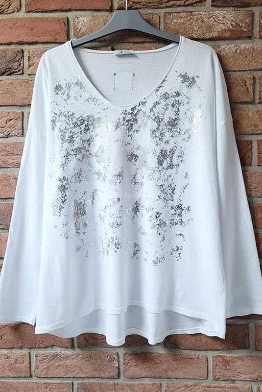 Bluzka bawełniana ze srebrzystym nadrukiem Minouu biała w Selavifashion.pl