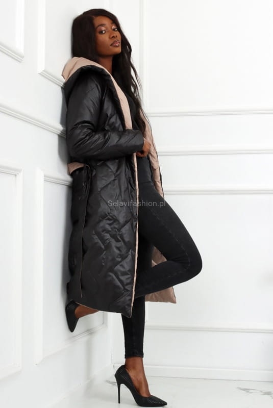 Kurtka płaszcz dwustronny wiązany LaDonna beżowo czarny w Selavifashion.pl