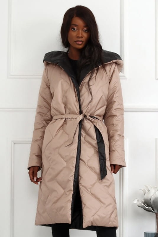 Kurtka płaszcz dwustronny wiązany LaDonna beżowo czarny w Selavifashion.pl