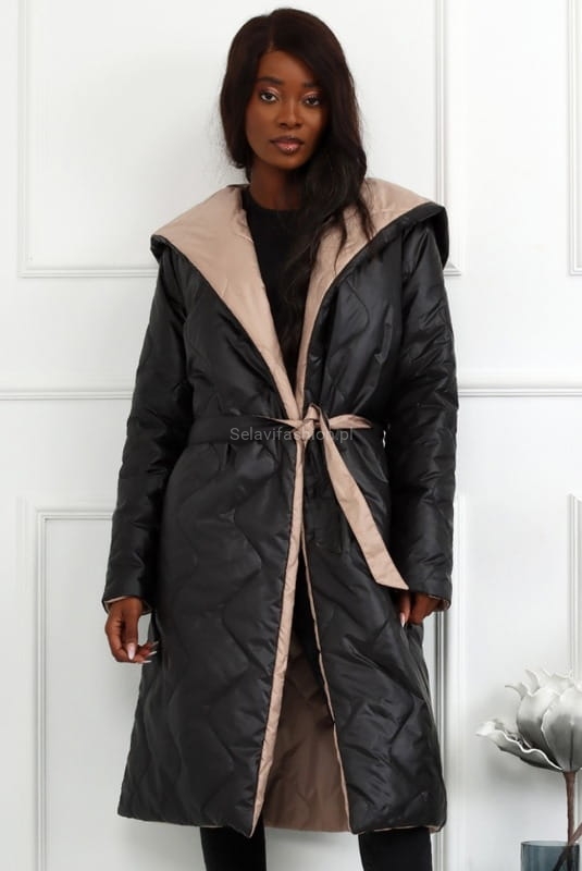 Kurtka płaszcz dwustronny wiązany LaDonna beżowo czarny w Selavifashion.pl