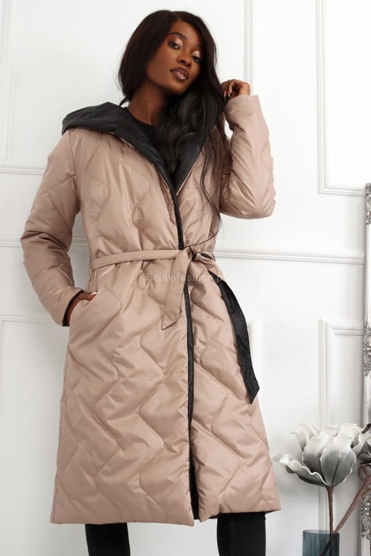 Kurtka płaszcz dwustronny wiązany LaDonna beżowo czarny w Selavifashion.pl