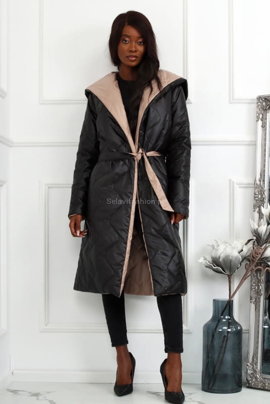 Kurtka płaszcz dwustronny wiązany LaDonna beżowo czarny w Selavifashion.pl
