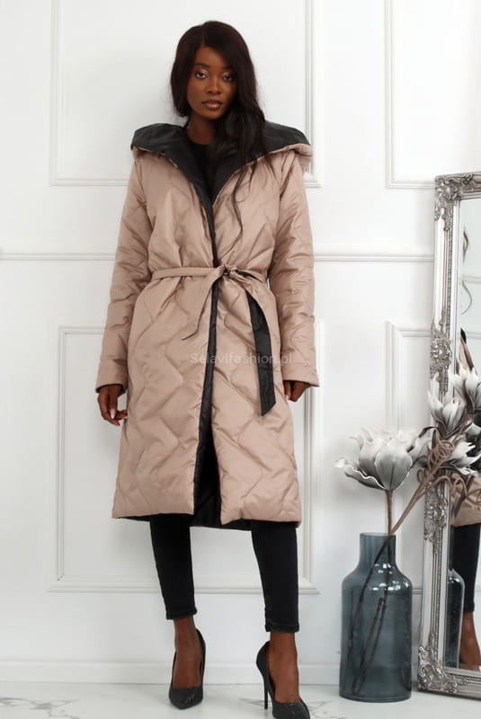 Kurtka płaszcz dwustronny wiązany LaDonna beżowo czarny w Selavifashion.pl