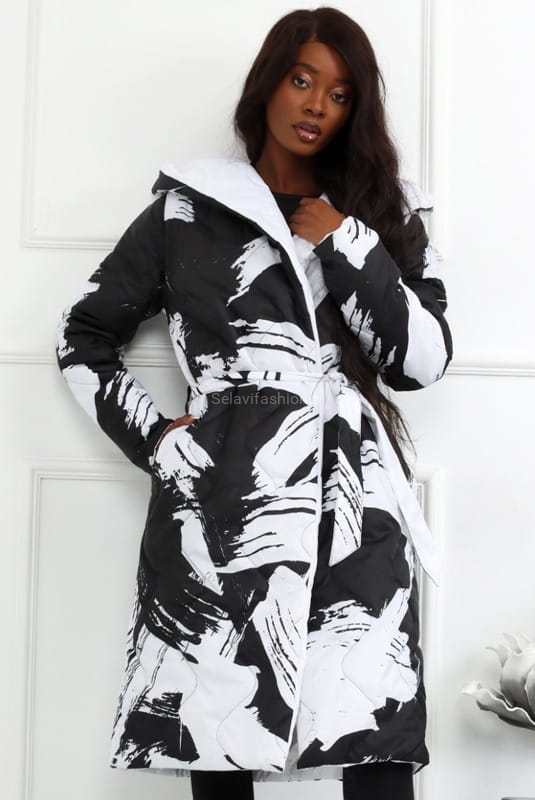 Kurtka płaszcz dwustronny wiązany w ciapki LaDonna biało czarny  w Selavifashion.pl