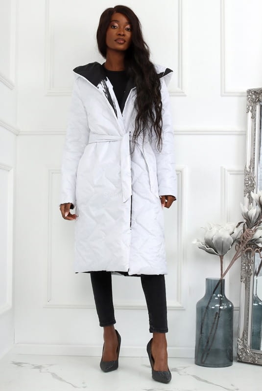 Kurtka płaszcz dwustronny wiązany w ciapki LaDonna biało czarny  w Selavifashion.pl