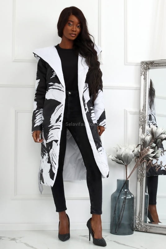 Kurtka płaszcz dwustronny wiązany w ciapki LaDonna biało czarny  w Selavifashion.pl