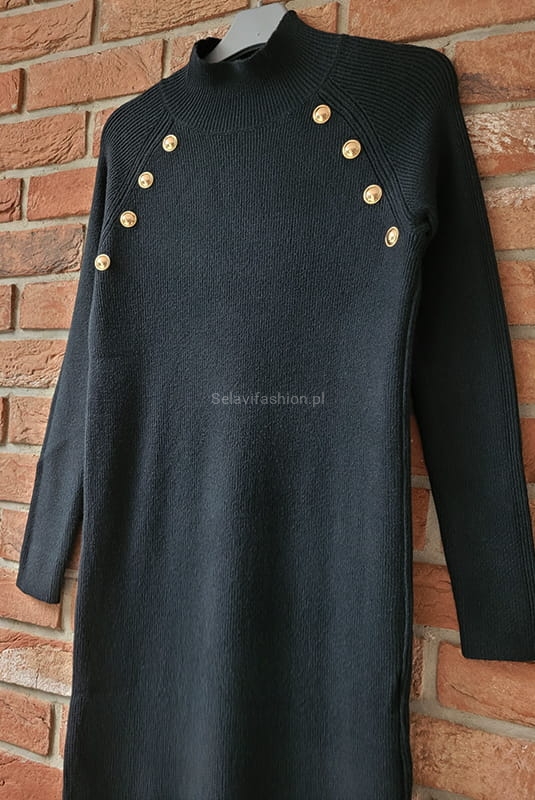 Dzianinowa sukienka z guzikami Minouu czarna w Selavifashion.pl