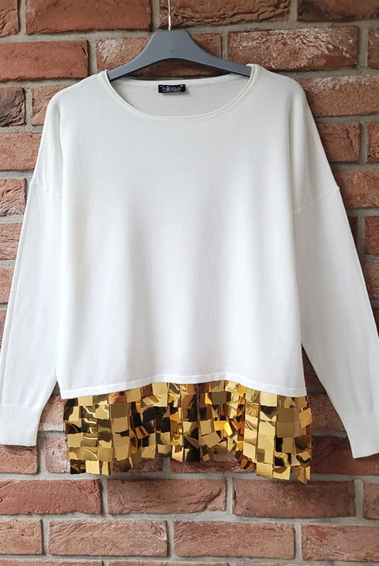 Sweter z ozdobnym błyszczącym dołem 3D Minouu ecru w Selavifashion.pl