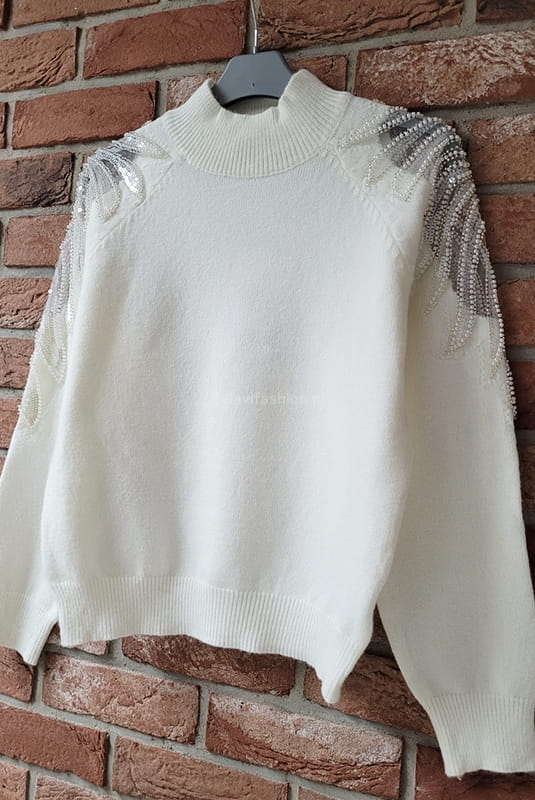 Sweter z tiulową aplikacją Minouu kremowy