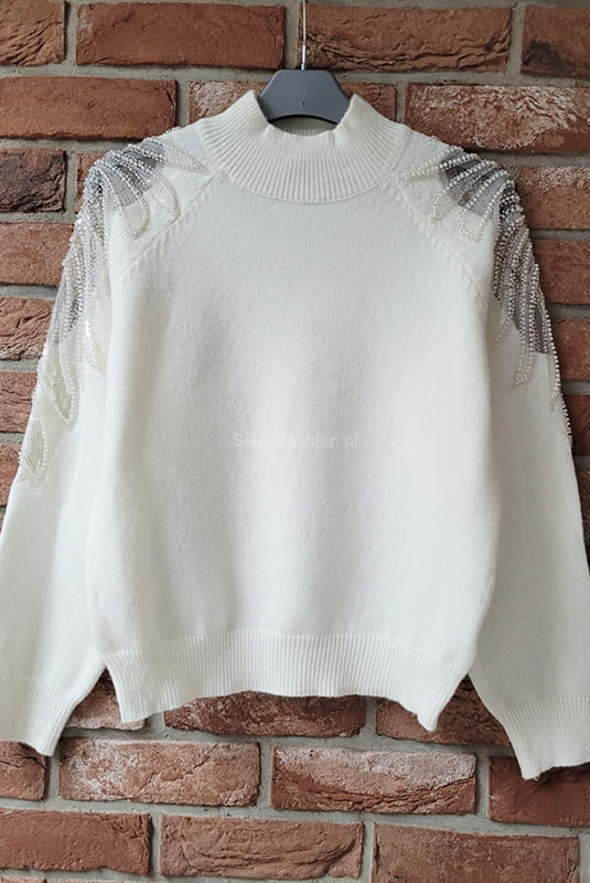 Sweter z tiulową aplikacją Minouu kremowy