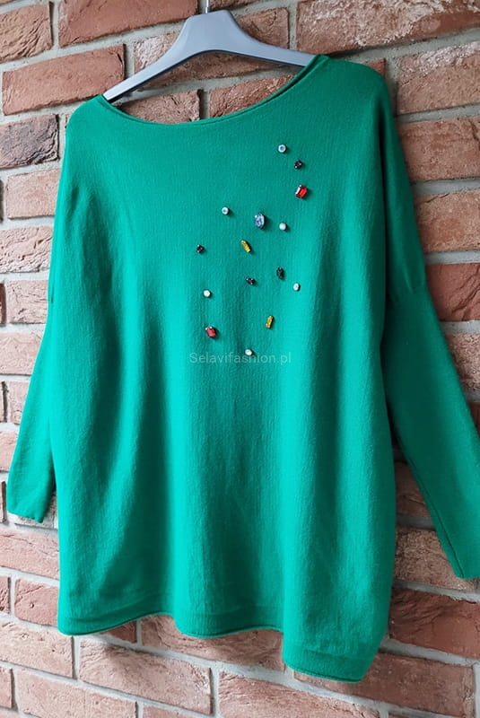 Bluzka sweter z ozdobnymi kamieniami Minouu zielony
