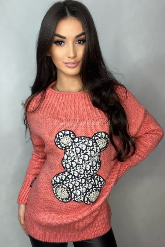 Sweter z aplikacją Misio Minouu koralowy w Selavifashion.pl
