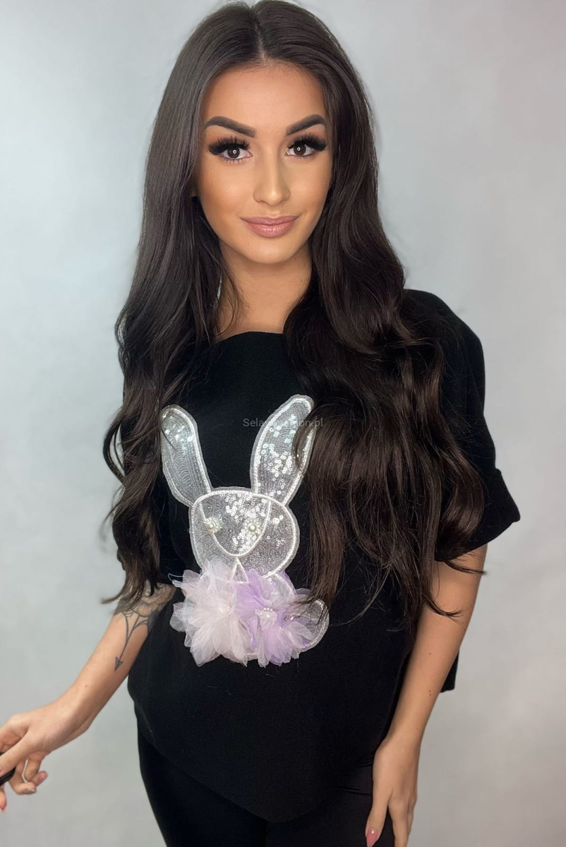 Sweter z krótkim rękawem Królik z tiulem Minouu czarny w Selavifashion.pl