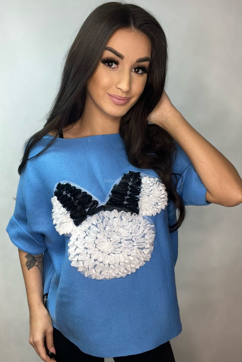 Sweter z krótkim rękawem Miś Geometry Minouu niebieski w Selavifashion.pl