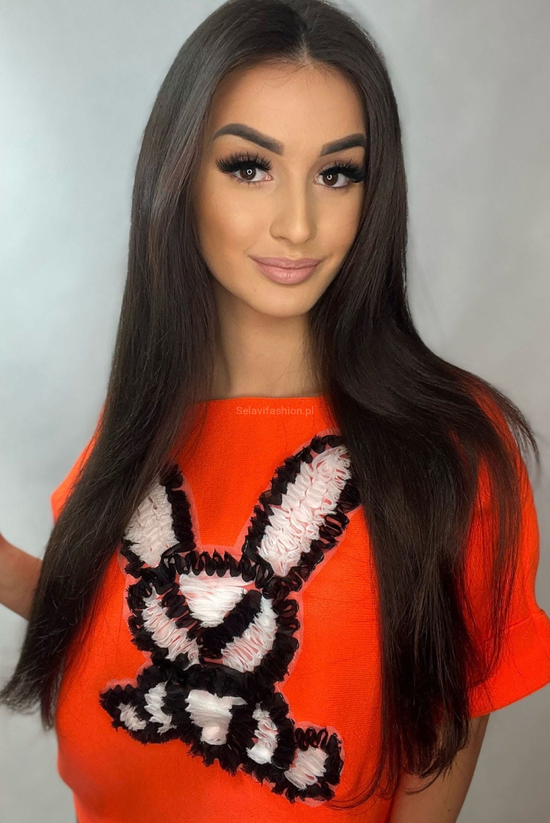 Sweter z krótkim rękawem Królik z kokardą Minouu pomarańczowy w SelaviFashion.pl