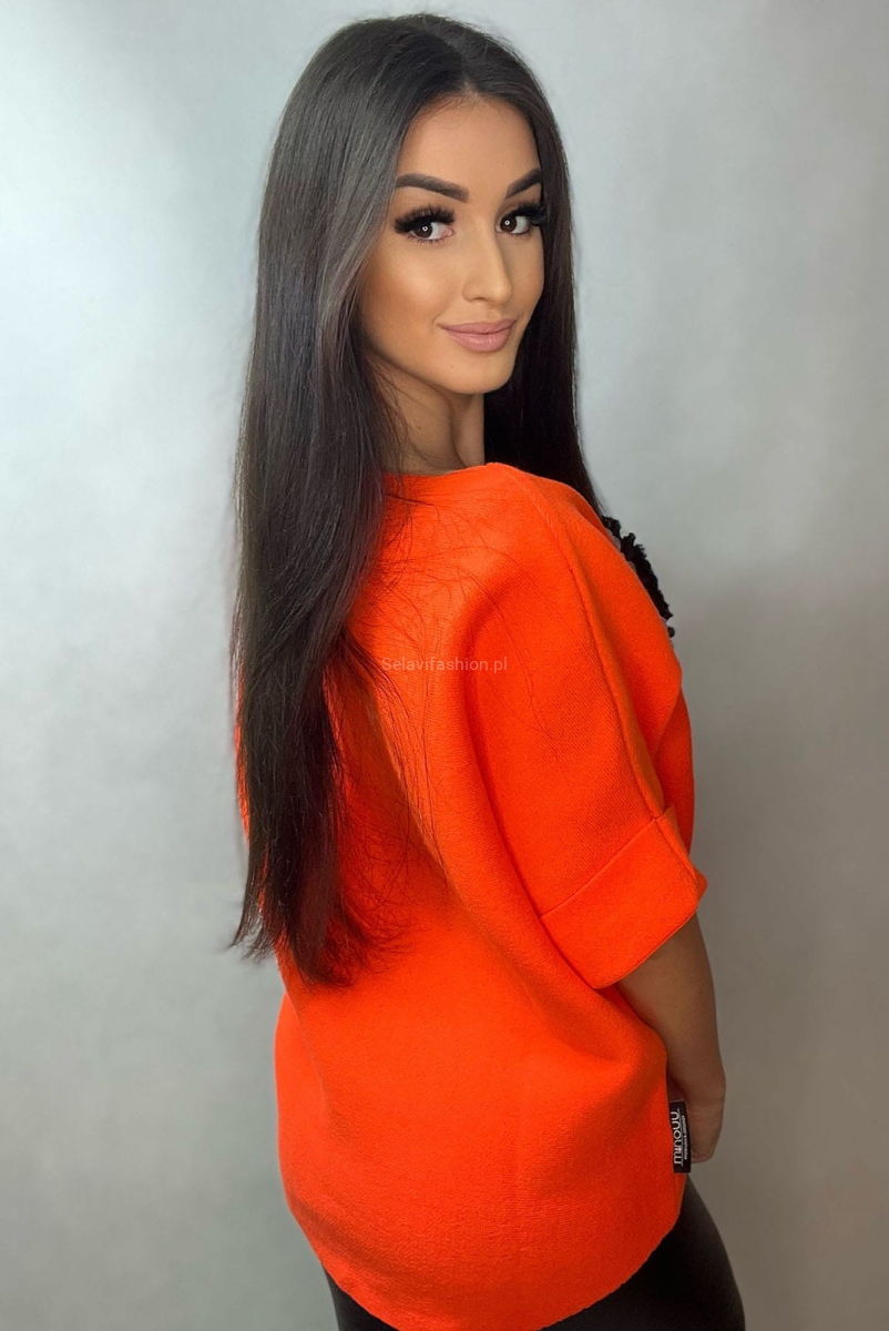 Sweter z krótkim rękawem Królik z kokardą Minouu pomarańczowy w SelaviFashion.pl