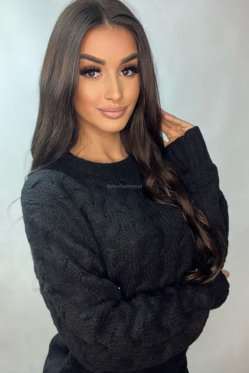 Sweter z przeplatanym wzorem Minouu czarny w Selavifashion.pl