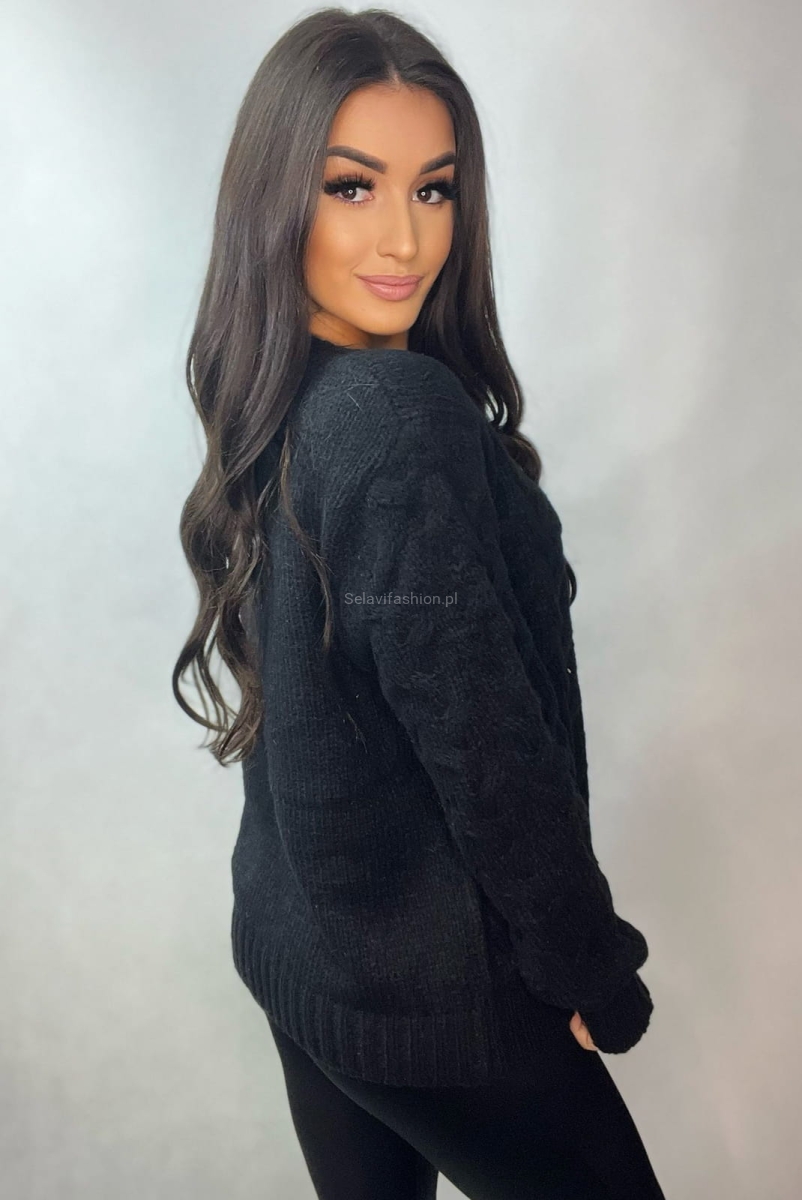 Sweter z przeplatanym wzorem Minouu czarny w Selavifashion.pl