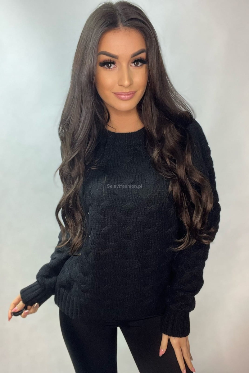 Sweter z przeplatanym wzorem Minouu czarny w Selavifashion.pl