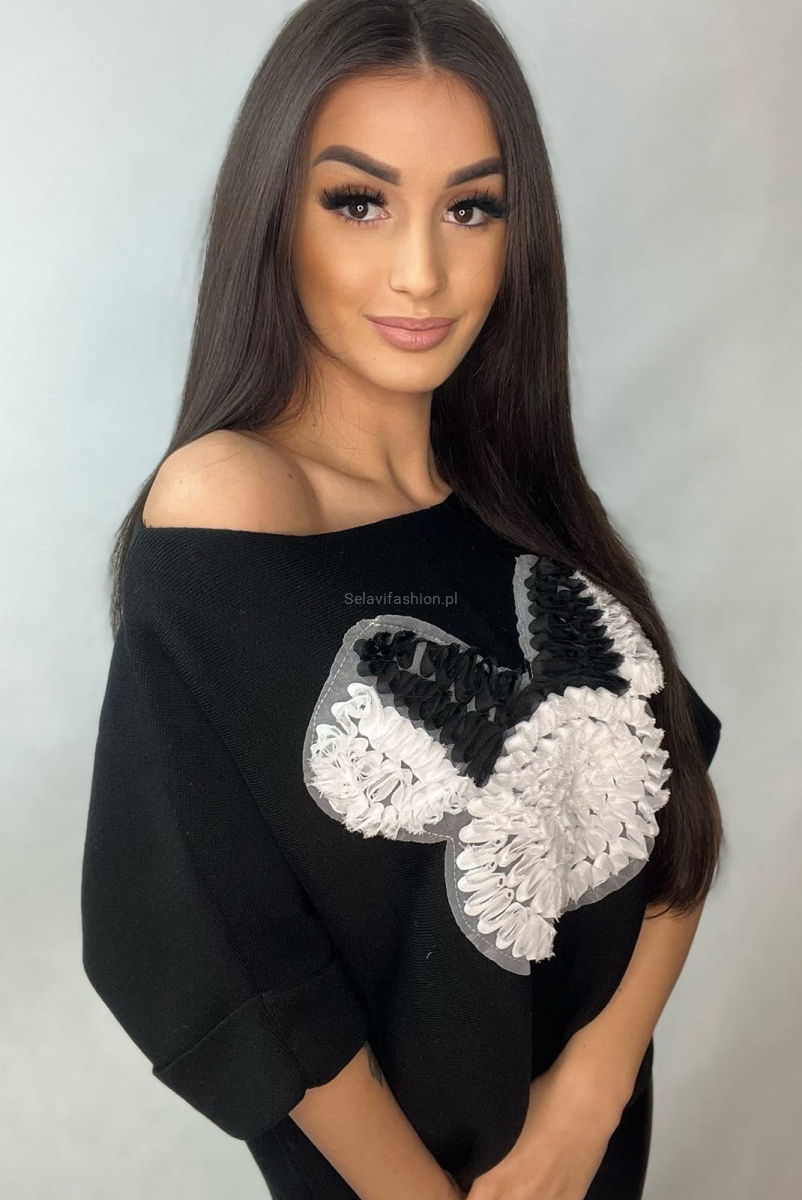 Sweter z krótkim rękawem Miś Geometry Minouu czarny w Selavifashion.pl