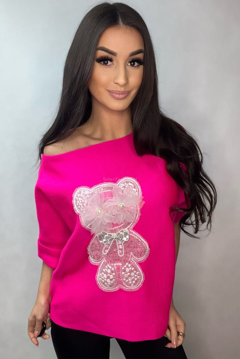 Sweter z krótkim rękawem Miś z tiulem Minouu fuksja w Selavifashion.pl