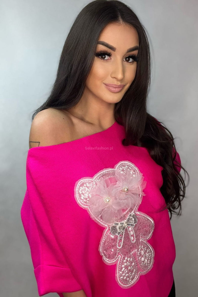 Sweter z krótkim rękawem Miś z tiulem Minouu fuksja w Selavifashion.pl