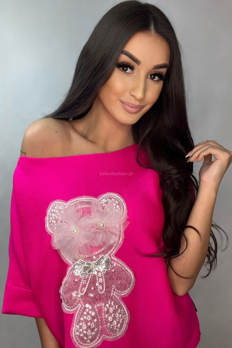 Sweter z krótkim rękawem Miś z tiulem Minouu fuksja w Selavifashion.pl