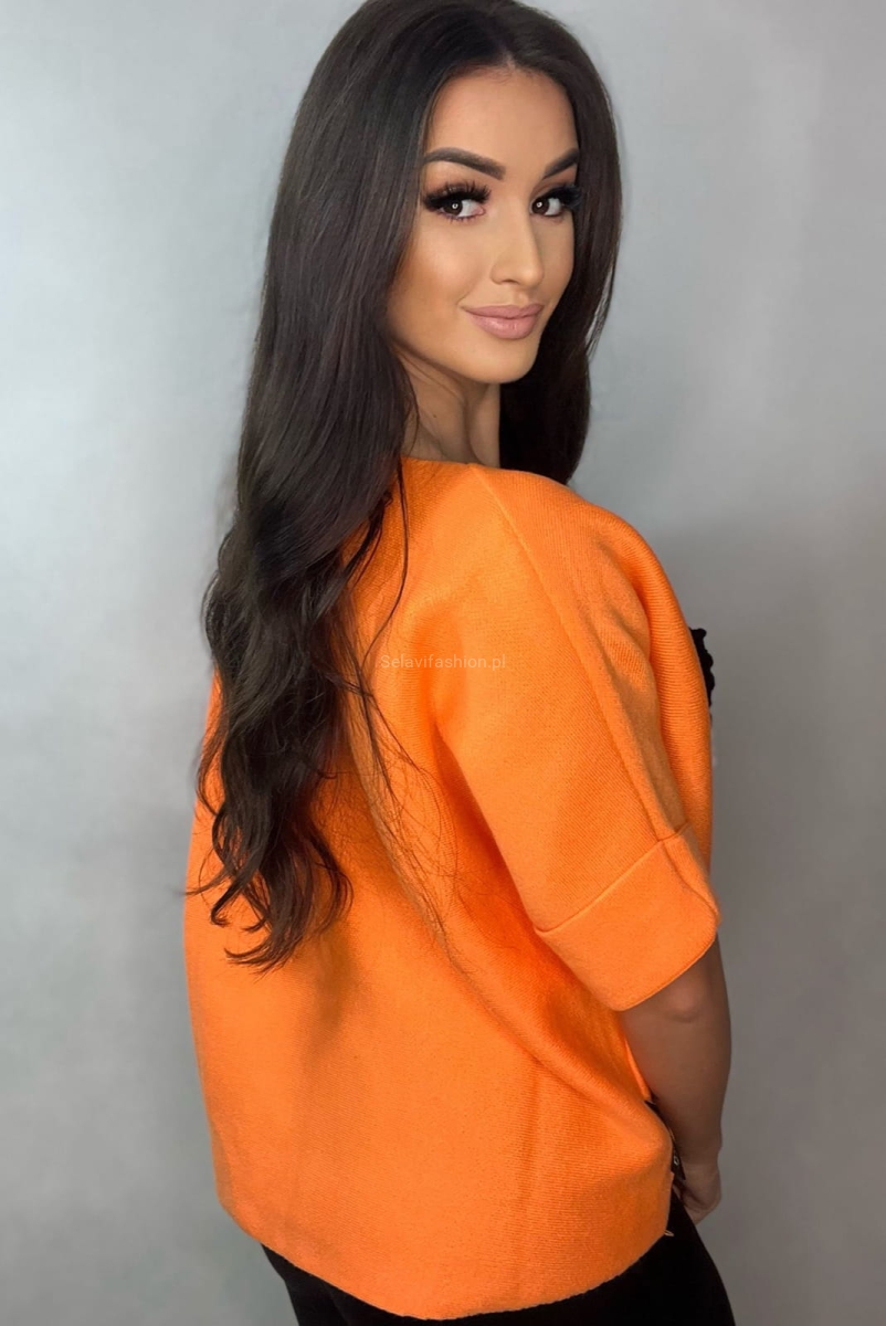 Sweter z krótkim rękawem Panda Minouu pomarańczowy w Selavifashion.pl