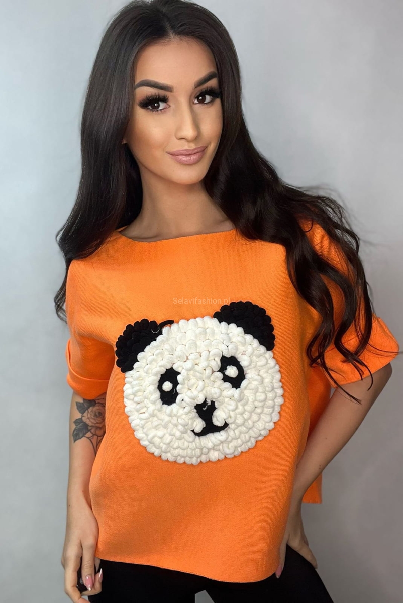 Sweter z krótkim rękawem Panda Minouu pomarańczowy w Selavifashion.pl