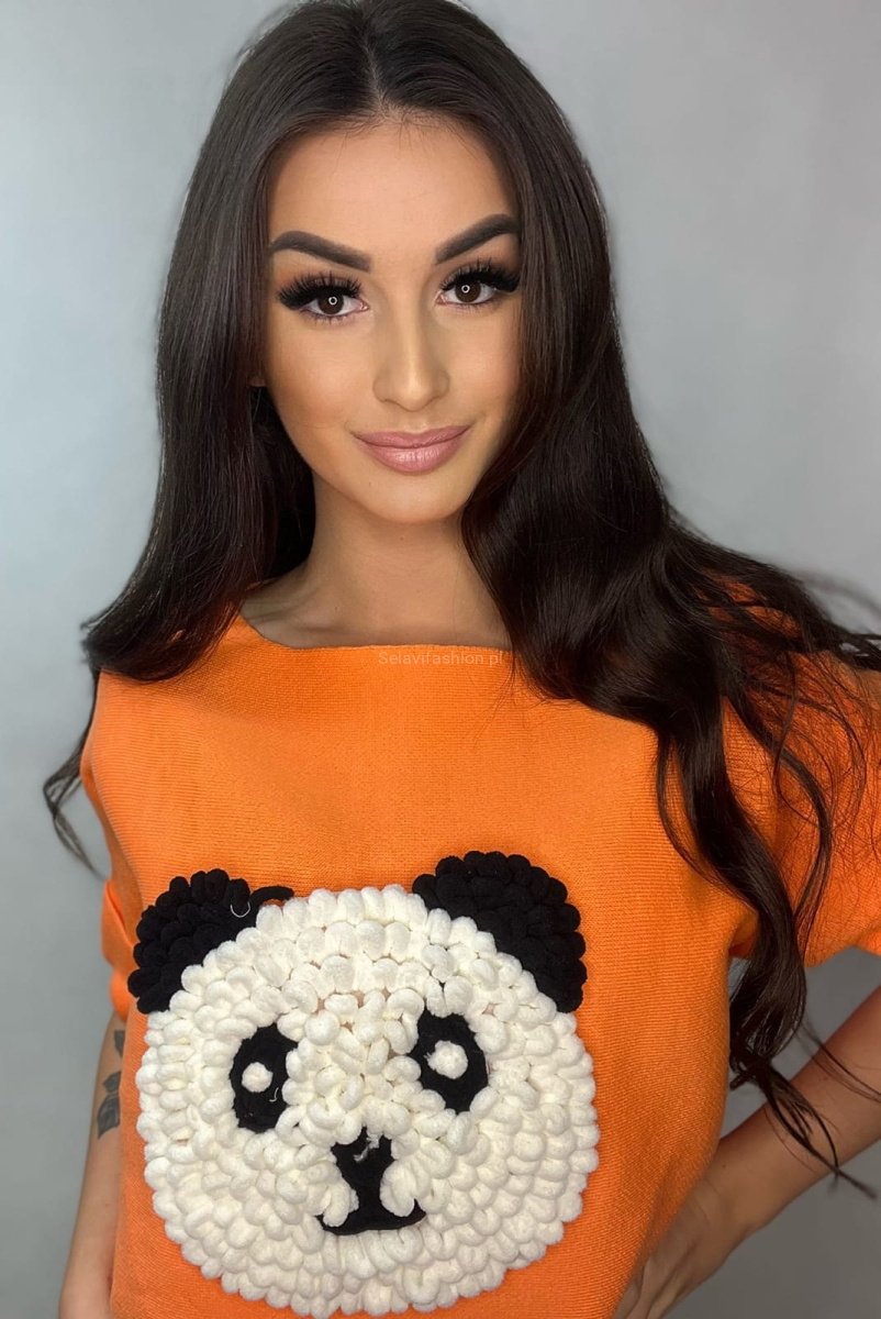Sweter z krótkim rękawem Panda Minouu pomarańczowy w Selavifashion.pl