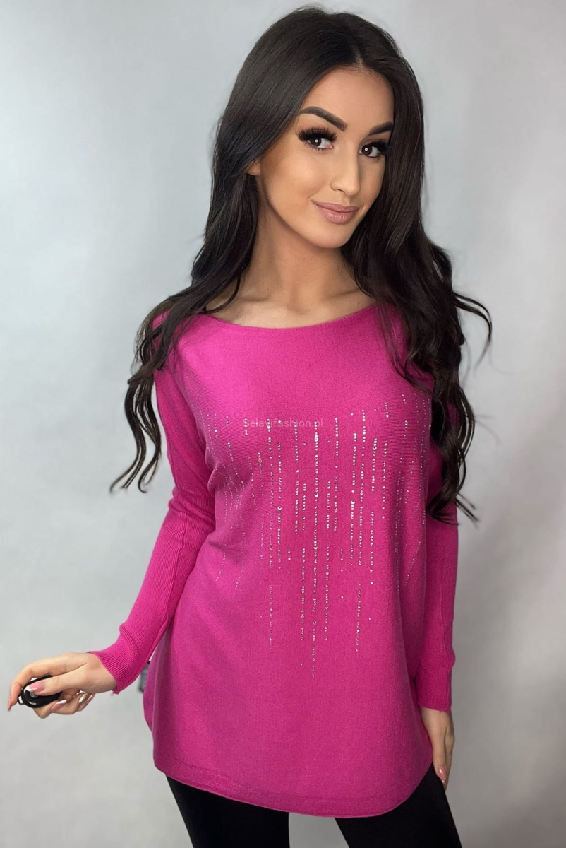 Oversizowy cienki sweter z nadrukiem Minouu fuksja w Selavifashion.pl