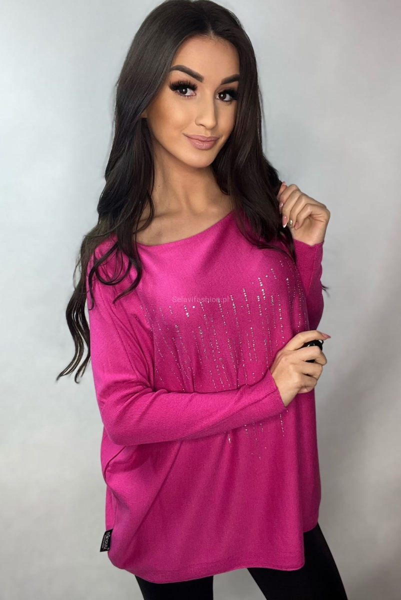 Oversizowy cienki sweter z nadrukiem Minouu fuksja w Selavifashion.pl
