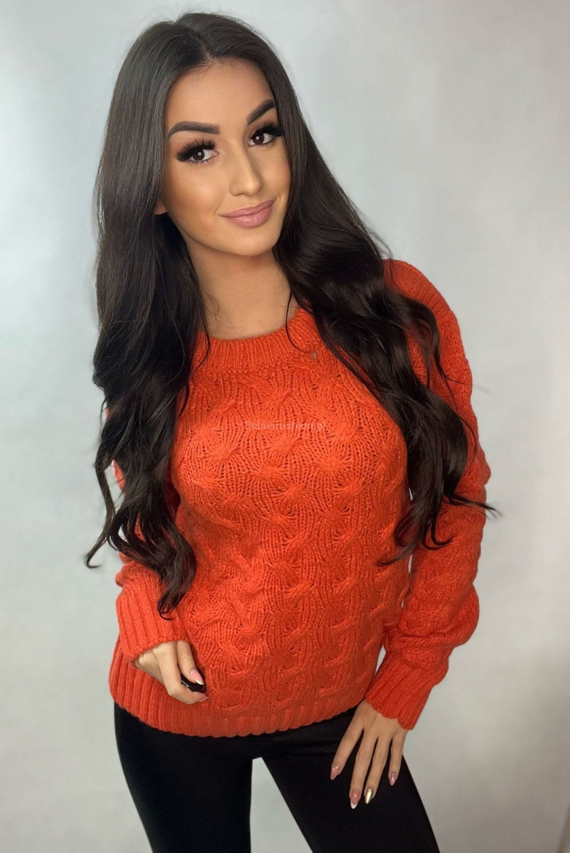 Sweter z przeplatanym wzorem Minouu pomarańczowy  w Selavifashion.pl