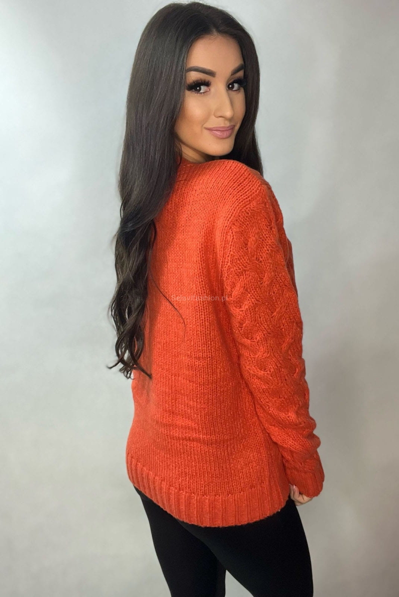 Sweter z przeplatanym wzorem Minouu pomarańczowy  w Selavifashion.pl