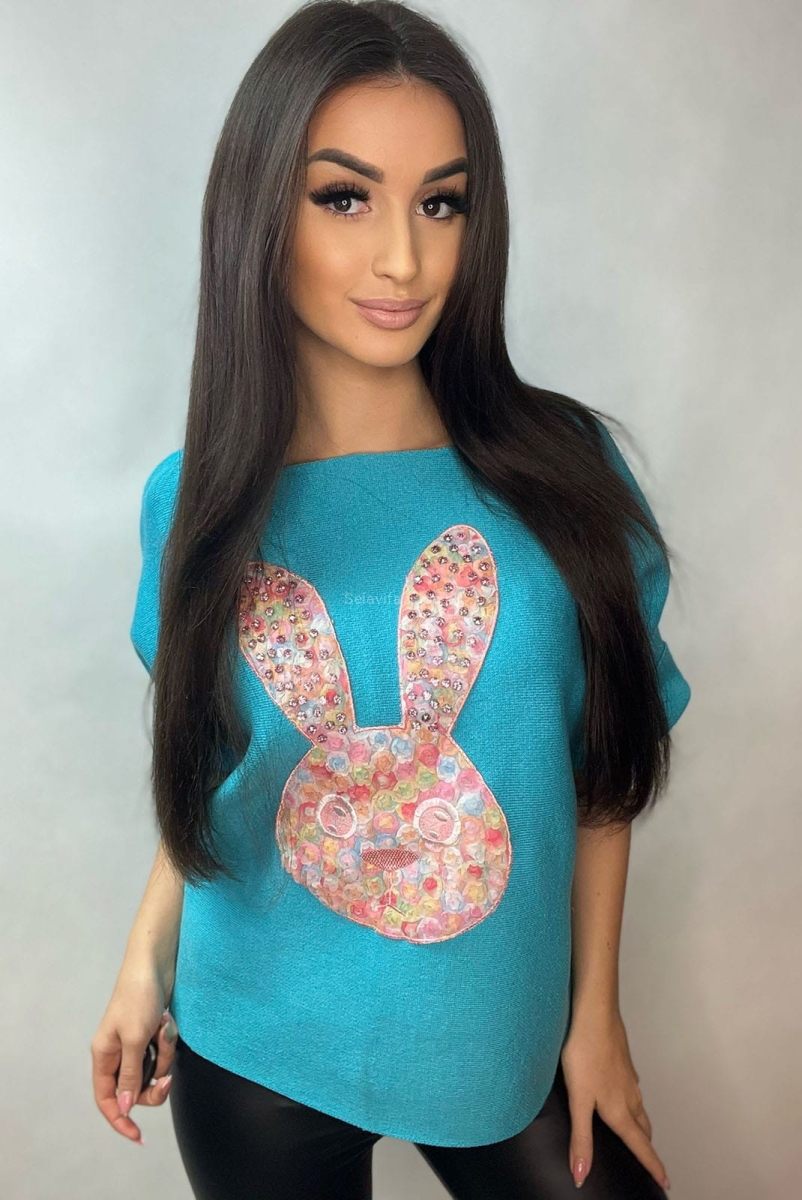 Sweter z krótkim rękawem Królik Minouu niebieski w Selavifashion.pl