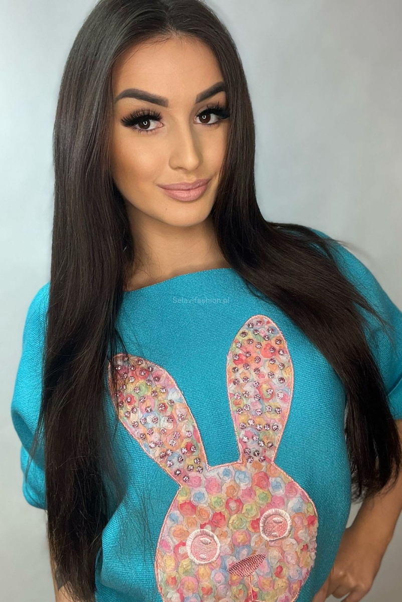 Sweter z krótkim rękawem Królik Minouu niebieski w Selavifashion.pl