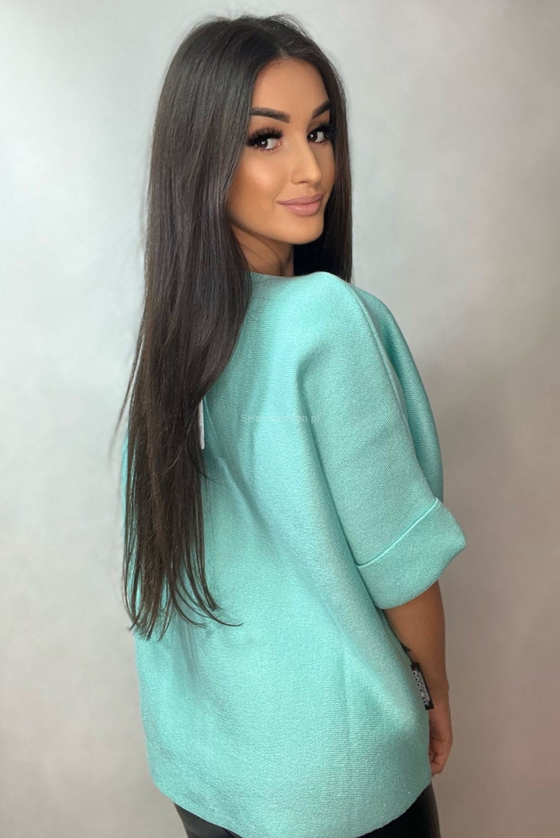 Sweter z krótkim rękawem Królik kolorowy Minouu miętowy w Selavifashion.pl