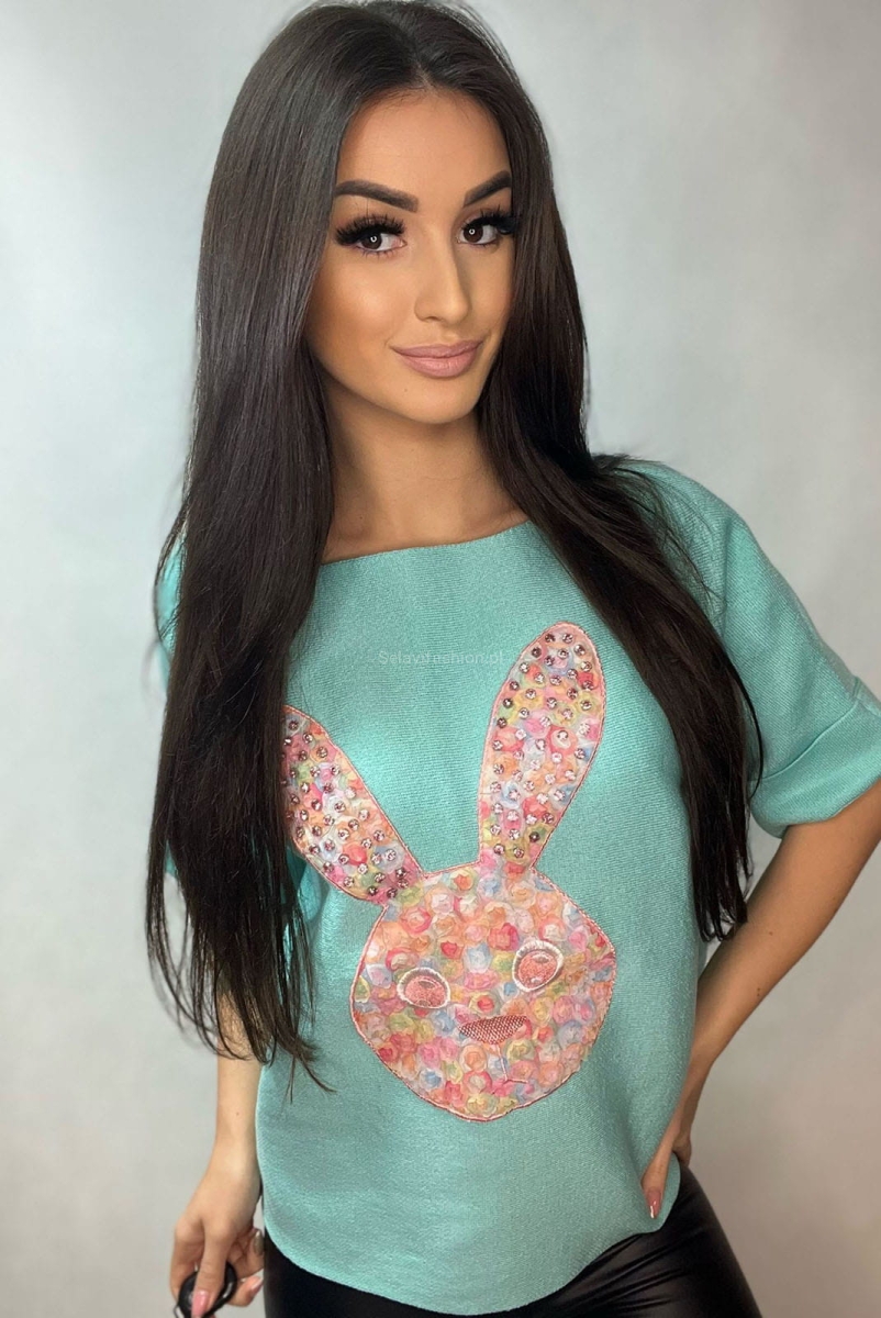 Sweter z krótkim rękawem Królik kolorowy Minouu miętowy w Selavifashion.pl