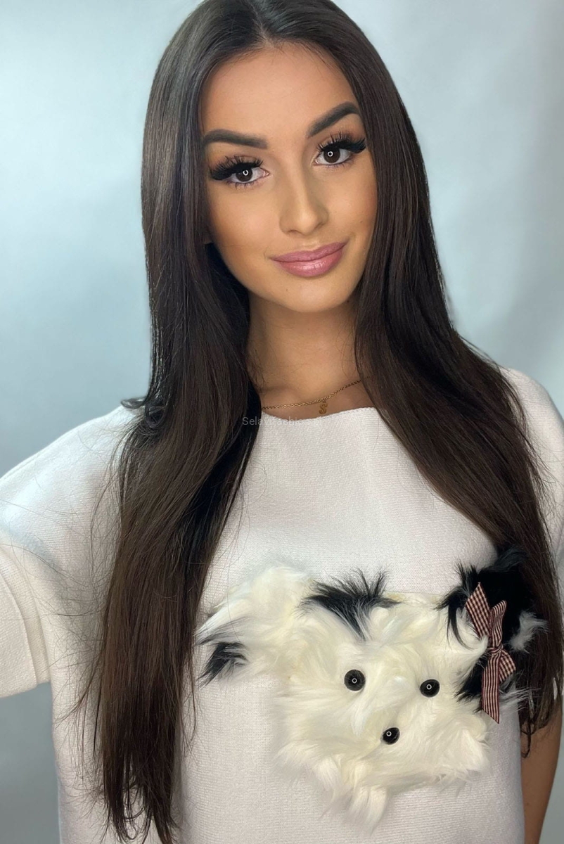 Sweter z krótkim rękawem z pieskiem york Minouu biały ecru