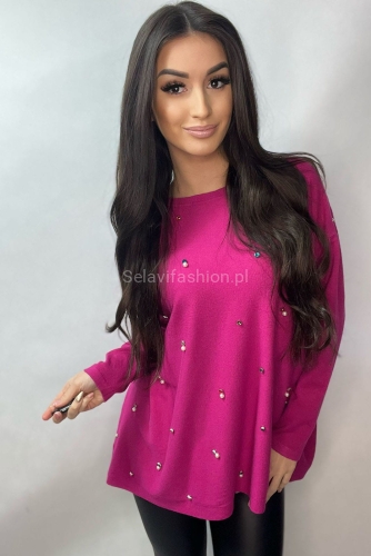 Sweter z kolorowymi kryształkami Minouu fuksja w Selavifashion.pl