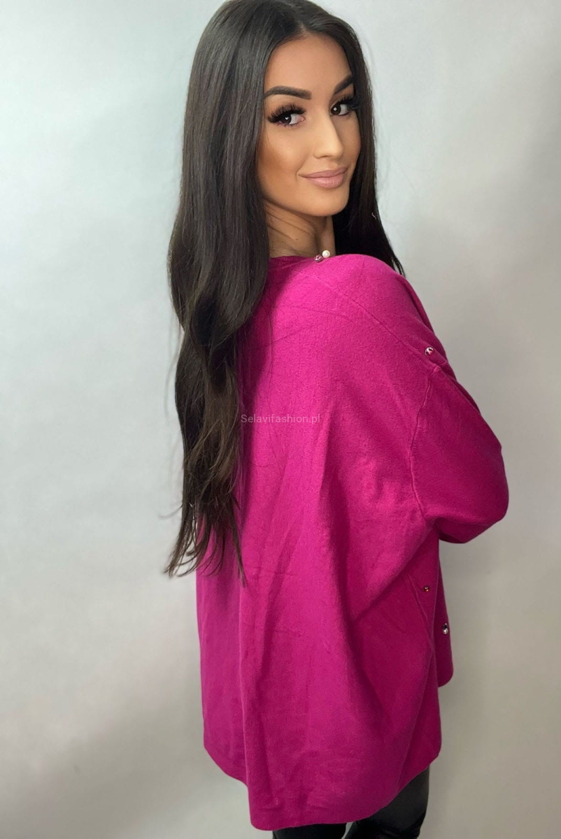 Sweter z kolorowymi kryształkami Minouu fuksja w Selavifashion.pl