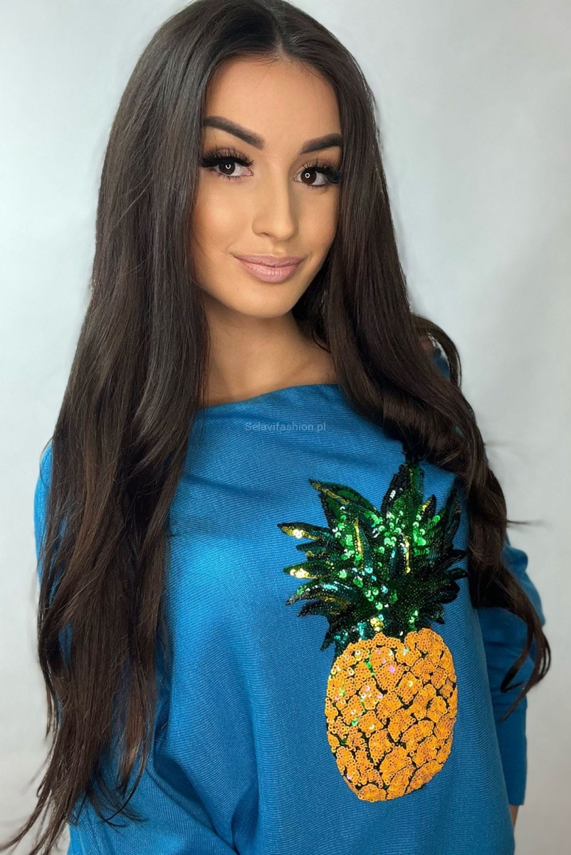 Bluzka sweter kimono z ananasem Minouu turkusowa