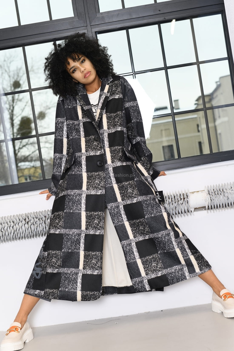 Długi płaszcz Lumi krata Miss City Official czarny w Selavifashion.pl