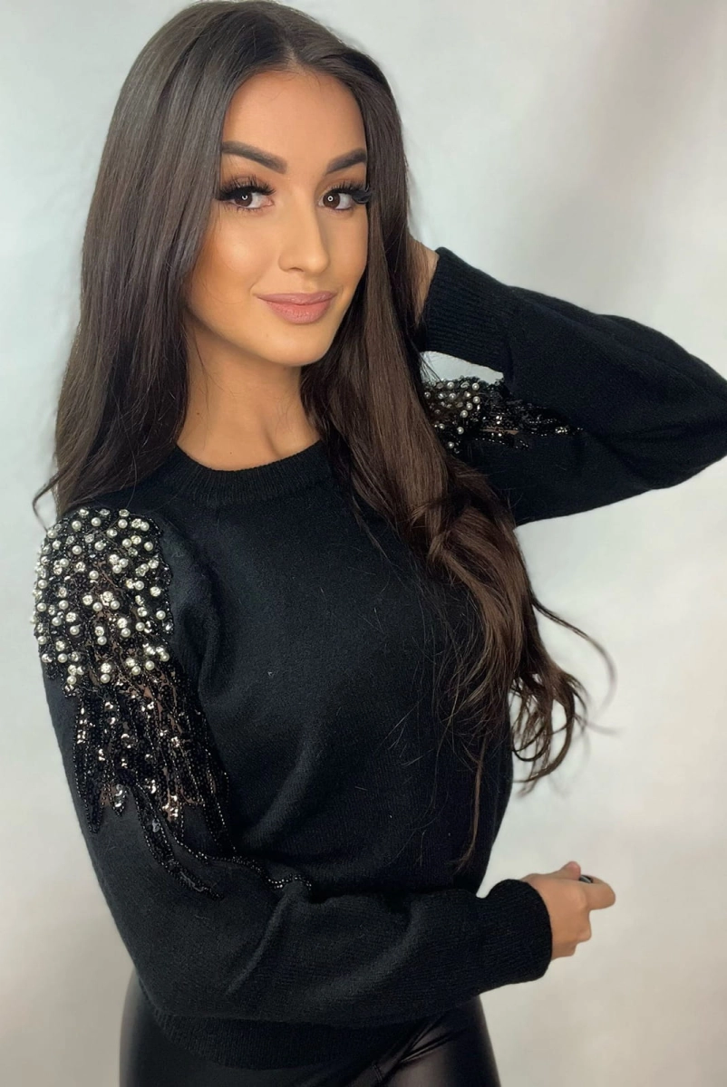 Sweter z błyszczącą aplikacją 3D na ramionach Minouu czarny