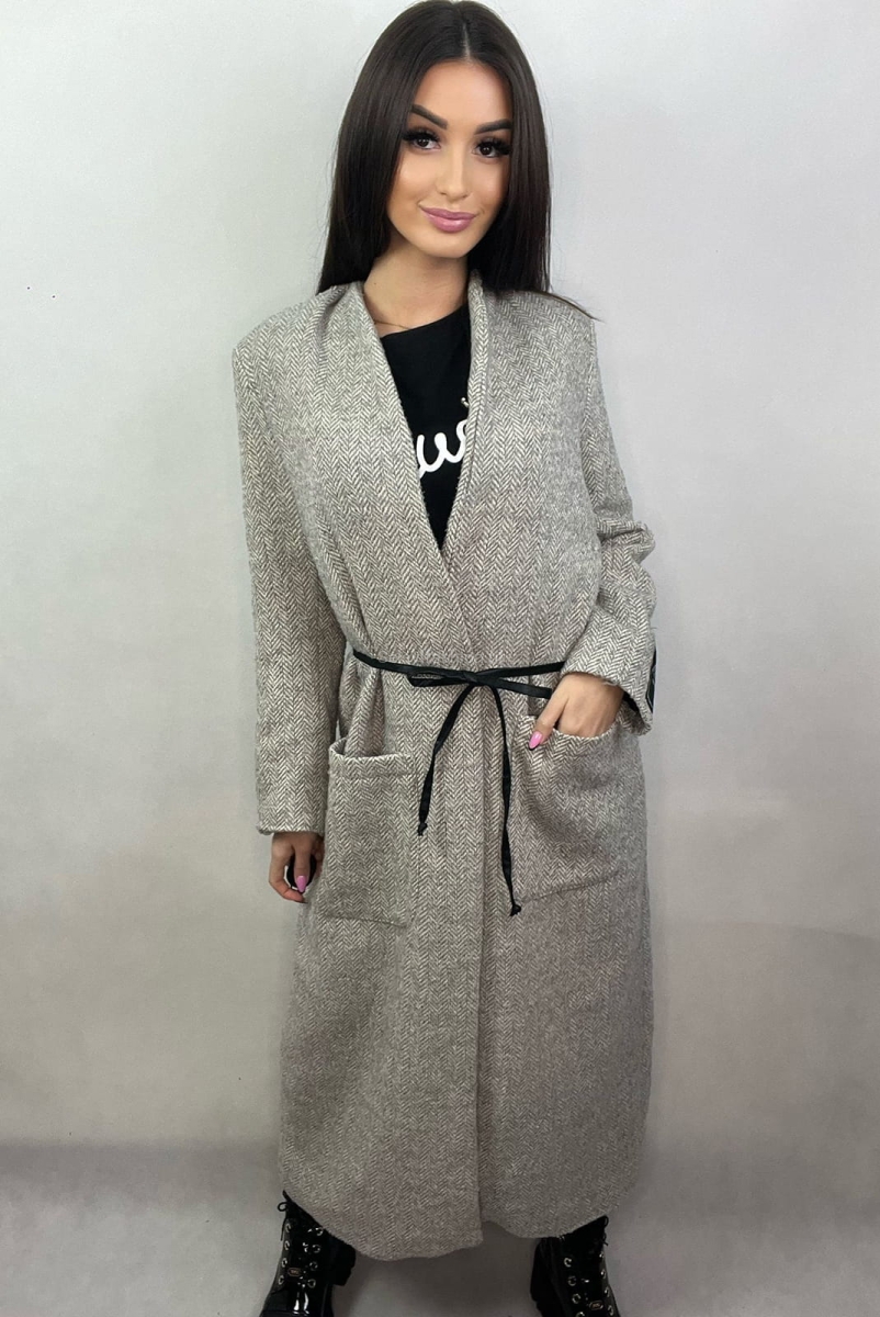 Długi płaszcz Minouu szara jodełka w Selavifashion.pl