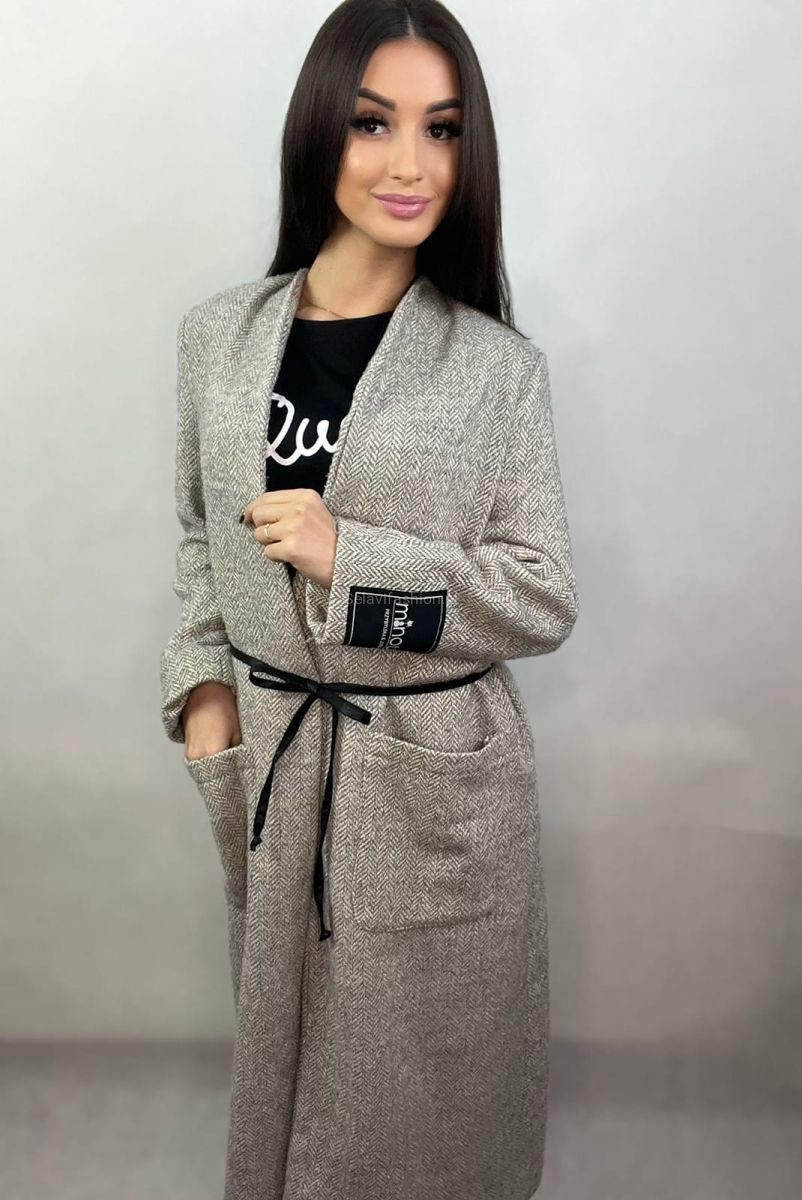 Długi płaszcz Minouu szara jodełka w Selavifashion.pl